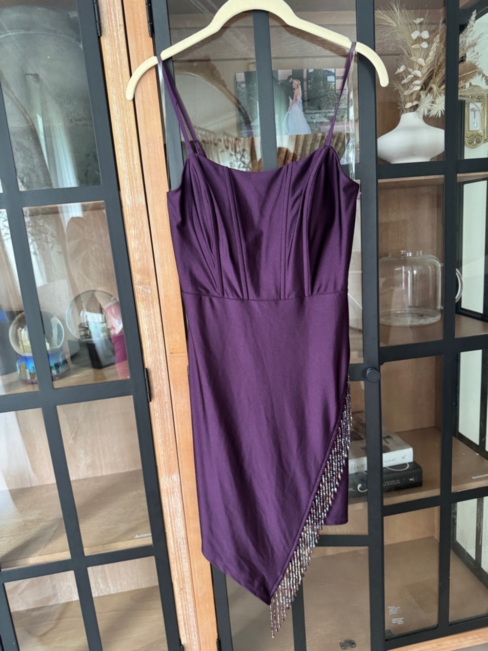 NWT Speechless beaded fringe corset mini dress asymmetrical cocktail plum satin